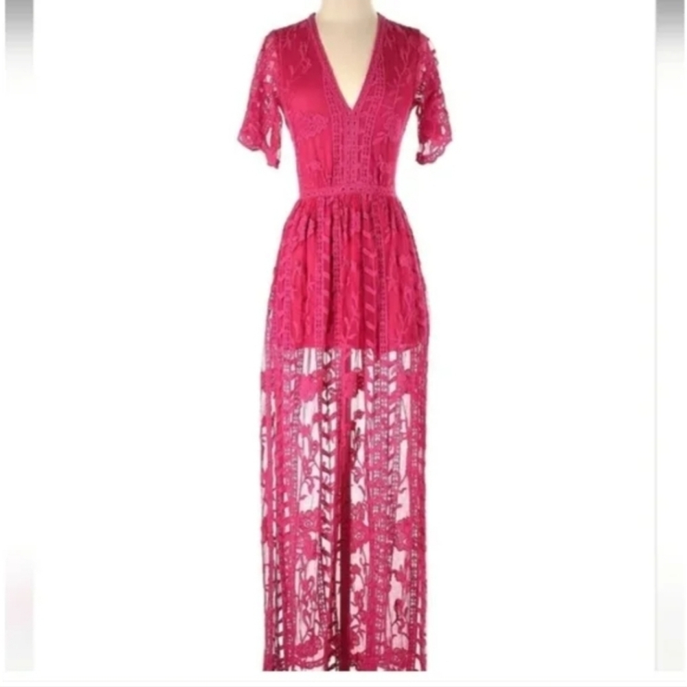 Socialite fuchsia lace embroidery short sleeve overlay romper